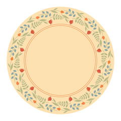 Decorative plate with round floral ornament. Circular floral frame with wild flowers and tulips. Vector illustration EPS10
