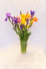 Bouquet of purple irises and yellow-pink tulips in a glass vase