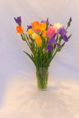 Bouquet of purple irises and yellow-pink tulips in a glass vase