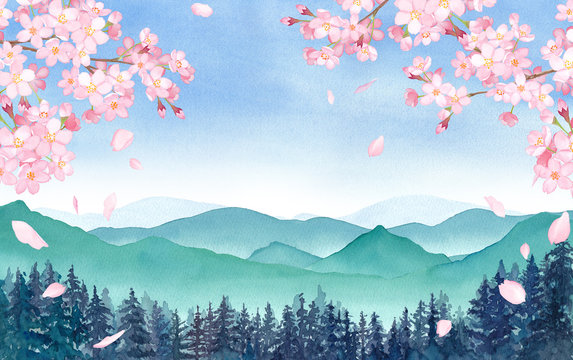 桜と山のパノラマ風景。　水彩イラスト