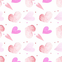 Seamless pattern with hearts on white background Watercolor illustration. Valentines day