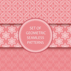 Compilation of seamless patterns. Oriental ethnic white prints on pink background