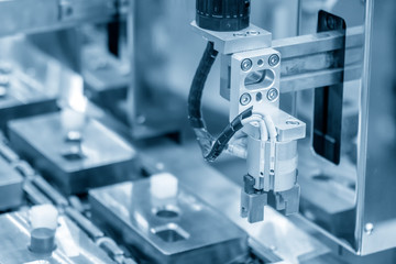 The hi-technology  material handing process in by robotics system. The modern technology for automatic packaging process control by computer system.