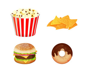 Set Icons Of Fast Food Consisting of Popcorn, Chips, Hamburger, Donut Isolated On White Background. Flat style. Vector illustration