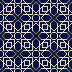 Dark blue seamless background with golden pattern. Arabic ornament