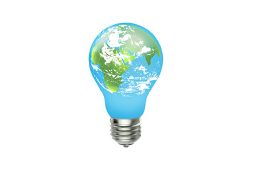Ecology and Environmental Concept : Green earth with white clouds and blue sky in light bulb.