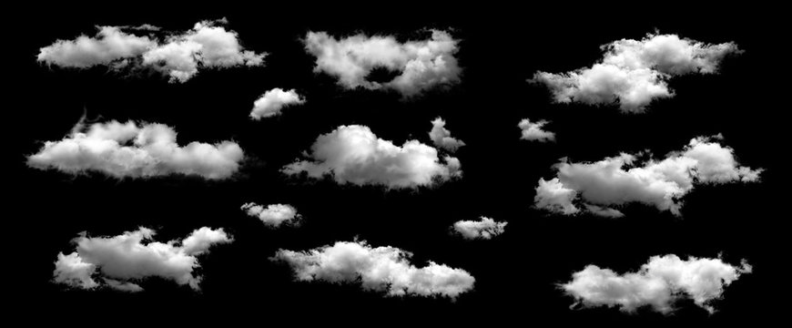 Set Of White Clouds Isolated On Black Background.