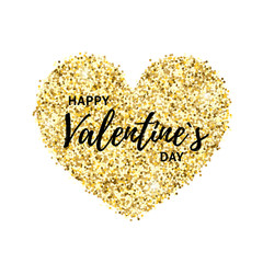 Happy Valentines day greeting card. Decorative golden glitter shiny heart with text on white background. Vector illustration for tag, flyer, web, banner, advert, sale, shop, discount, sticker, wedding