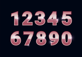 Rose gold shiny numbers set, metal font signs isolated on black background. Luxury fashion pink typography design for decoration, web, design, advert. Vector illustration