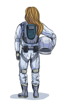 Female Astronaut With Helmet In Hand, Back View