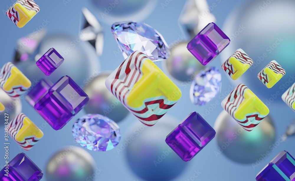 Poster group of abstract objects is floating soft focus background colorful theme, 3d render.