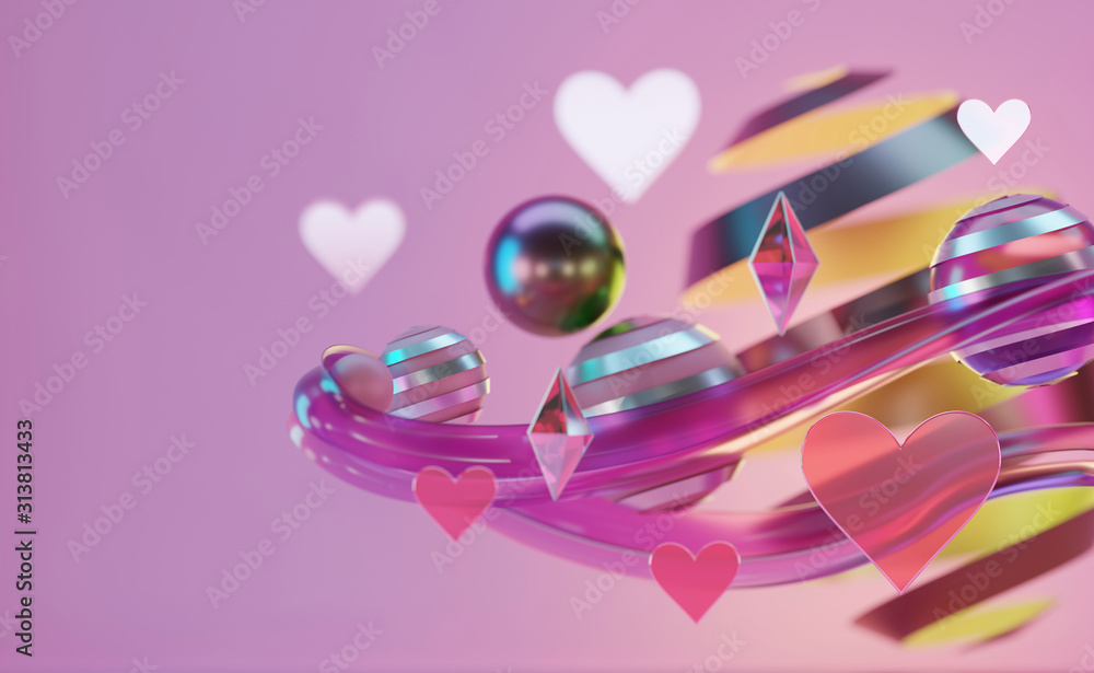 Poster group of abstract heart and objects is floating on soft pink studio light background with copy space