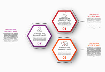 Vector infographic with 3 hexagons. Used for three diagrams, graph, flowchart, timeline, marketing, presentation. Creative business concept step by step