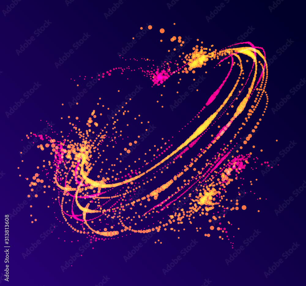 Poster dots particles flowing vortex vector abstract background, biology science theme whirl design, dynami