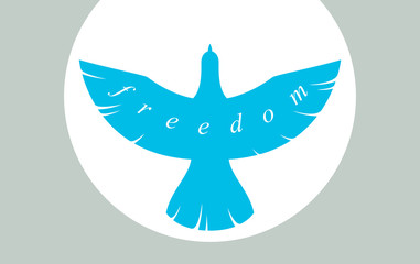 Bird flying up into sky freedom concept vector poster, liberty and human rights allegory, career or business ambitions, dove spread wings.