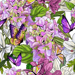 Butterflies and flowers, seamless pattern, bright summer garden