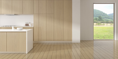 Perspective of modern luxury interior with dining table and modern kitchen cabinet,kitchen Island on nature background. 3D rendering.