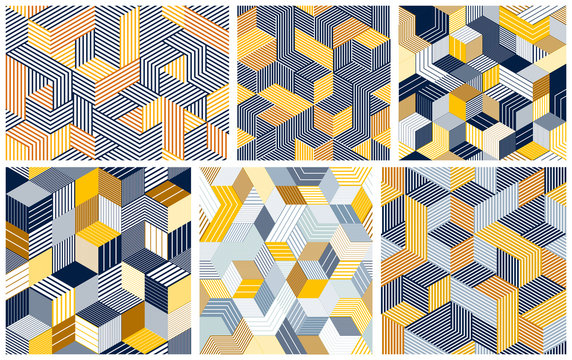 Seamless cubes vector backgrounds set, lined boxes repeating tile patterns, 3D architecture and construction, geometric designs.