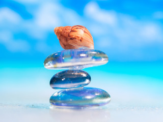 Close-up of sea shell on the beach. Stack of pebble stones and Plumeria at the beach on a wooden...