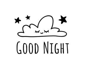 Funny cloud in cartoon style on white background and quote. Hand drawn illustration sky and text. Creative art work. Actual vector weather drawing