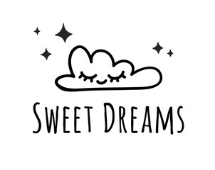 Funny cloud in cartoon style on white background and quote. Hand drawn illustration sky and text. Creative art work. Actual vector weather drawing