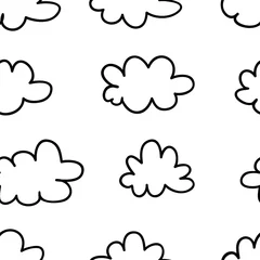Möbelaufkleber Seamless pattern with funny clouds in doodle style on white background. Hand drawn illustration cartoon sky. Creative art work. Actual vector weather drawing © pomolchim