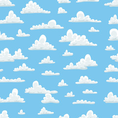 Seamless pattern with funny clouds in cartoon style on blue background. Hand drawn illustration  sky. Creative art work. Actual vector weather drawing