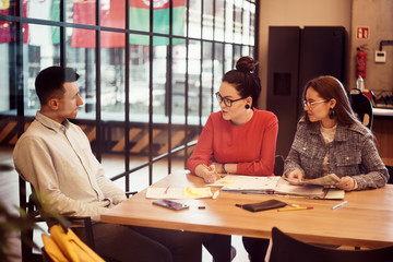 Students work together on a project, girls and a guy do homework together. Foreign University, help, friends, fun. Help