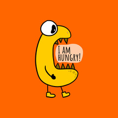 Funny hungry monster game creature character. With text I am hungry! in his big open mouth. Yellow color, isolated on orange background. Cartoon style.