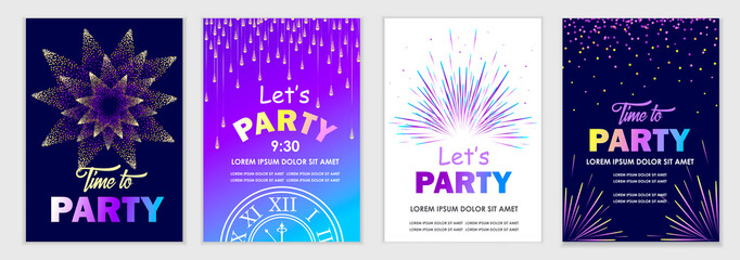 Birthday party greeting card. Fireworks, salute. Set of colorful modern templates for banners, posters, cards, flyers. Design for festival, concert, show. Vector illustration. - obrazy, fototapety, plakaty