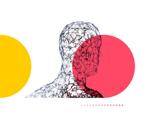 3d human face created in grid style. Artificial intelligence concept. Digital technology background. Vector illustration.