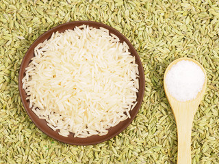 Rice in clay plate, salt. Background from Fennel. Indian cuisine ingredients