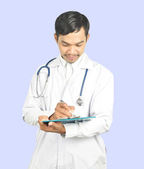 doctor with stethoscope working holding a clipboard on white background.