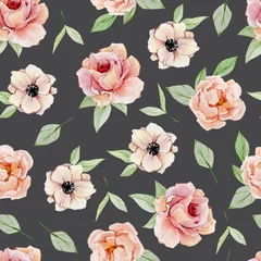Stof per meter Watercolor seamless pattern hand painted vintage flowers. Nature spring design roses, anemones, peonies isolated on dark background.  Illustration for wrapping paper, textile fabric, rustic wallpaper. © Anna