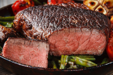 Marble beef steak in a cast iron skillet