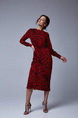 Sexy pretty fashion woman wear animal print red dress casual trend clothes collection catalogue ...