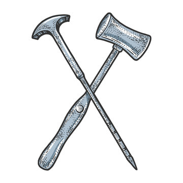 Lobotomy Tool Set Orbitoclast and hammer sketch engraving vector illustration. T-shirt apparel print design. Scratch board imitation. Black and white hand drawn image.