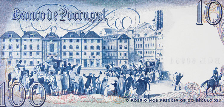 Rossio square in Lisbon at the beginning of the 19th century on Portugal 100 escudo (1981) banknote.