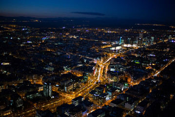 Fototapeta na wymiar Panoramic aerial view of Madrid at night, Metropolis Building lights, capital of Spain, Europe
