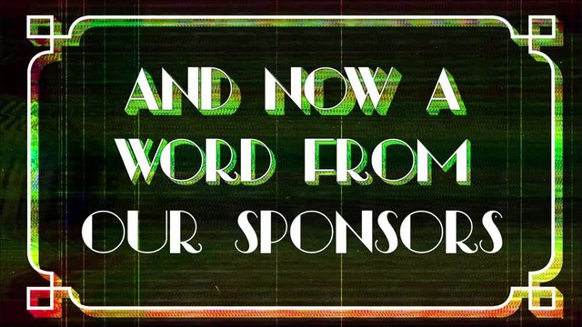 Animated vintage cinema screen customer announcement from the movie sponsors with glitch and distortion