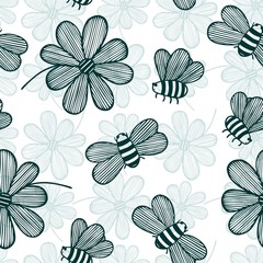 SEAMLESS PATTERN WITH DRAWN BEES AND FLOWERS IN VECTOR