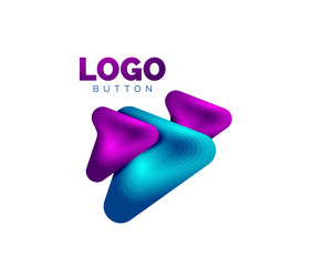 Arrow logo template. Or play or download button logotype template. Minimal geometrical design, 3d geometric bold symbol in relief style with color blend steps effect. Vector Illustration