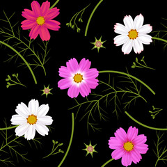 Floral background. Seamless pattern. Wild flowers. Green leaves. Cosmos flowers. White. Red. Purple. Green.