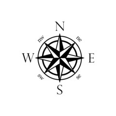 Vector compass rose with North, South, East and West indicated on white background
