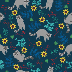 Seamless pattern with raccoons and flowers. Vector graphics. © Екатерина Зирина