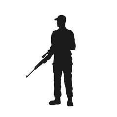Black silhouette of guard with gun. Police officer with sniper rifle. Isolated image of prison security