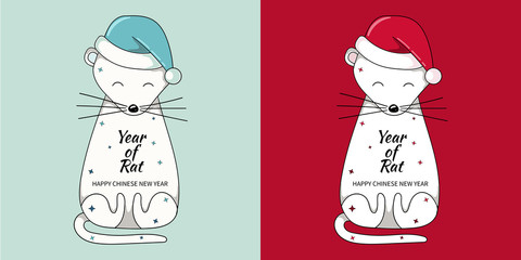 Chinese New Year of Rat greeting card in red and blue colors. Lunar New Year. Year of the Mouse. Vector stock illustration.