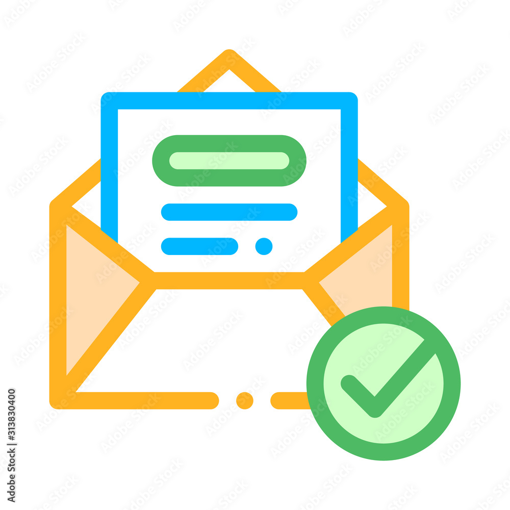 Poster envelope message list and approved mark vector icon thin line. approved sign on document file, compu