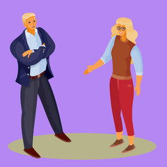 a woman with blond hair and red trousers holds out her hand for initiation to a man, and he stands with his legs spread and arms crossed, purple background, separate layers, vector illustration