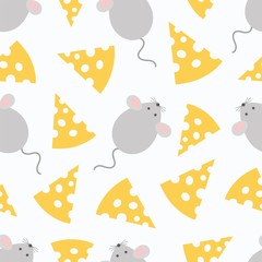 Cute mouse and cheese seamless pattern. Vector childish background for fabric, textile, wrapping. Symbol Chinese New Year 2020. - 313830814